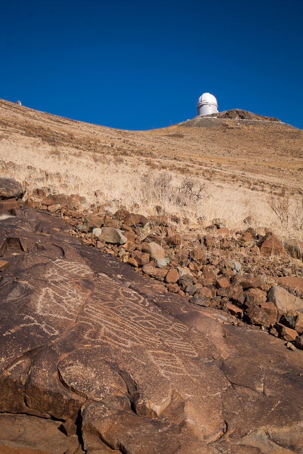 Group A petroglyphs with 3.6m telescope in the background - La Silla Observatory - Chile