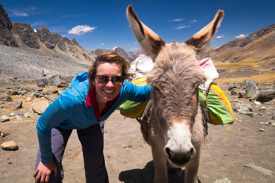 Donkey and me at Punta Tapush - Cordillera Huayhuash