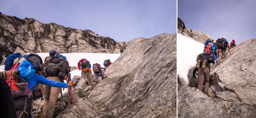 My trekking companions in front of me using ropes to climb the last section to the Tasiilaq Mountain Hut