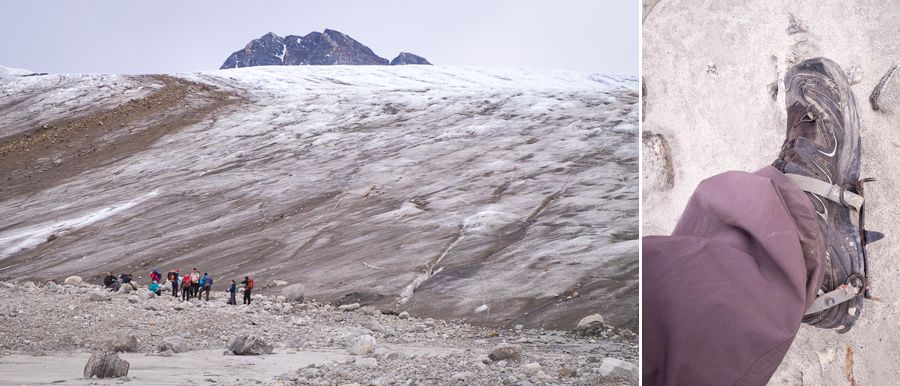 Trekking group at the base of the unnamed glacier fitting their crampons, and closeup of my shoe with crampons fitted