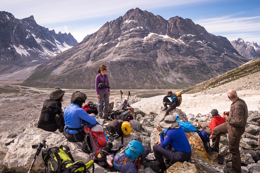 My trekking companions resting about half way up the glacial morraine leading to theTasiilaq Mountain Hut