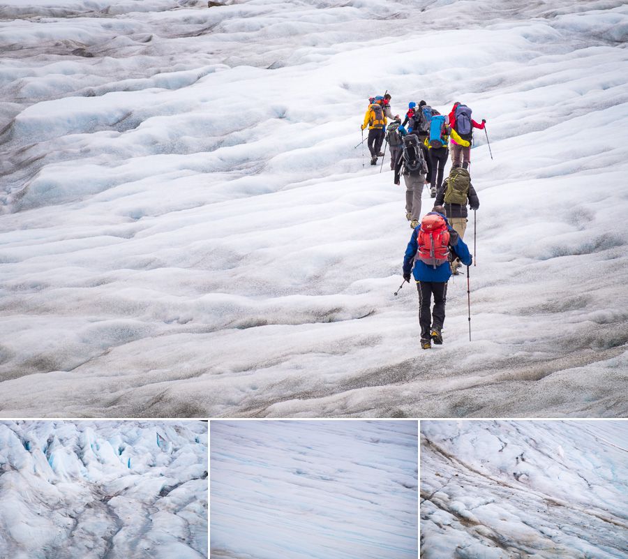 The group hiking on the unnamed glacier, as well as details within the glacier itself