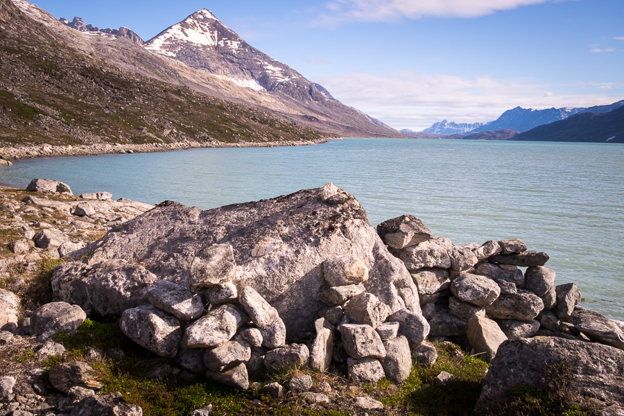 A stone pile which is actually an Inuit ruin, on the shores of the Tasiilaq Fjord