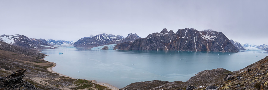 Panorama of the Karale Fjord from our high vantage point showing the Karale, Knud Rasmussen and unnamed glaciers.