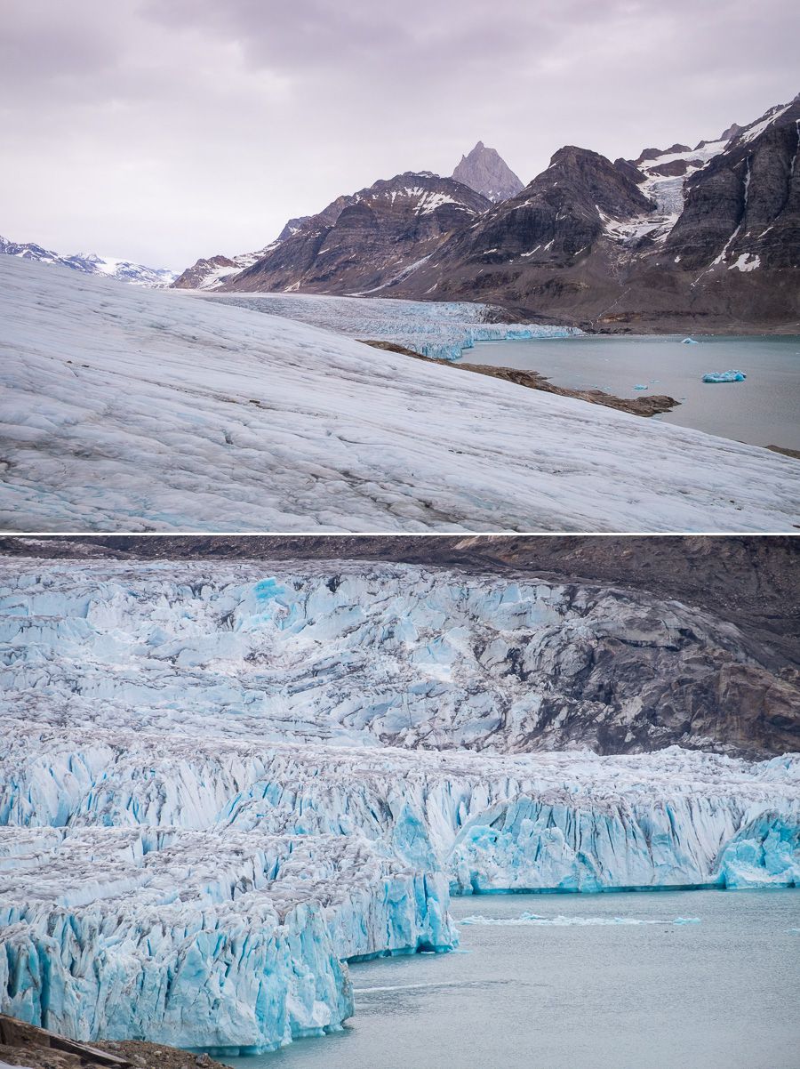 Wide angle and closeup view of the Karale Glacier and its face, as seen from the viewpoint we hiked to