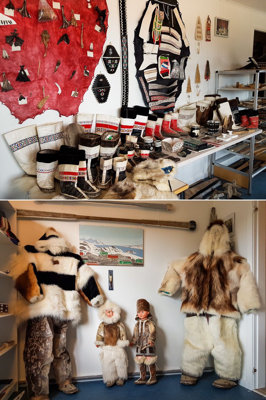 Traditional clothing displayed on mannequins and various types of boots, in the Kulusuk museum