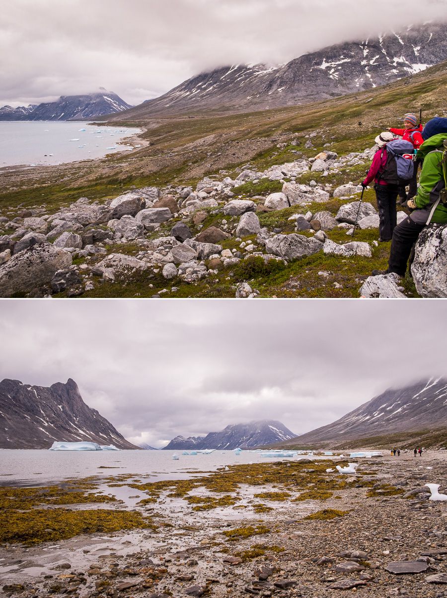 Trekking companions hiking along the shores of the Sermiligaaq Fjord