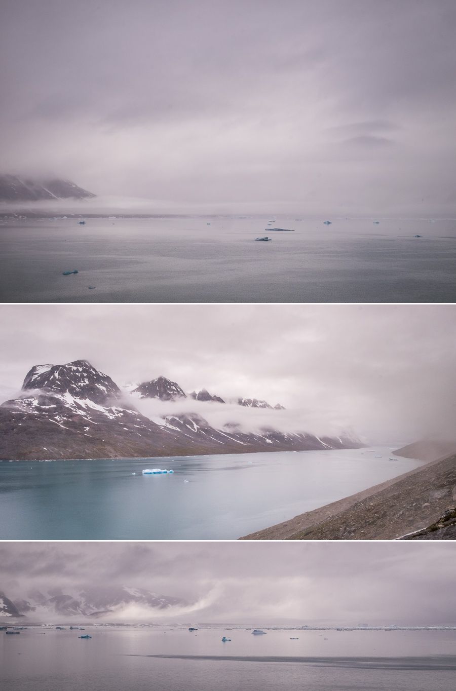 Several vistas of the cloud-shrouded Sermiligaaq fjord
