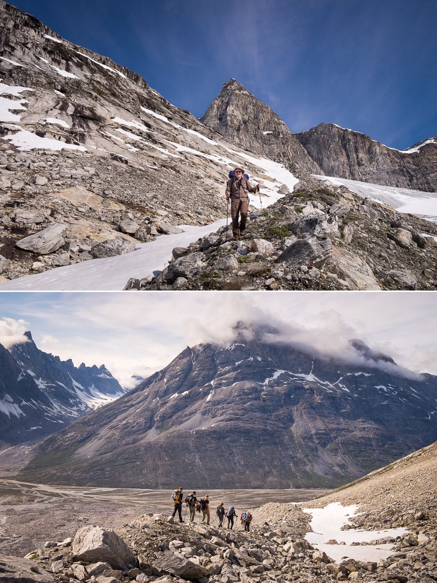 My trekking companions descending along the glacial moraine - top image looking back up at the mountains, bottom image looking down to the valley below