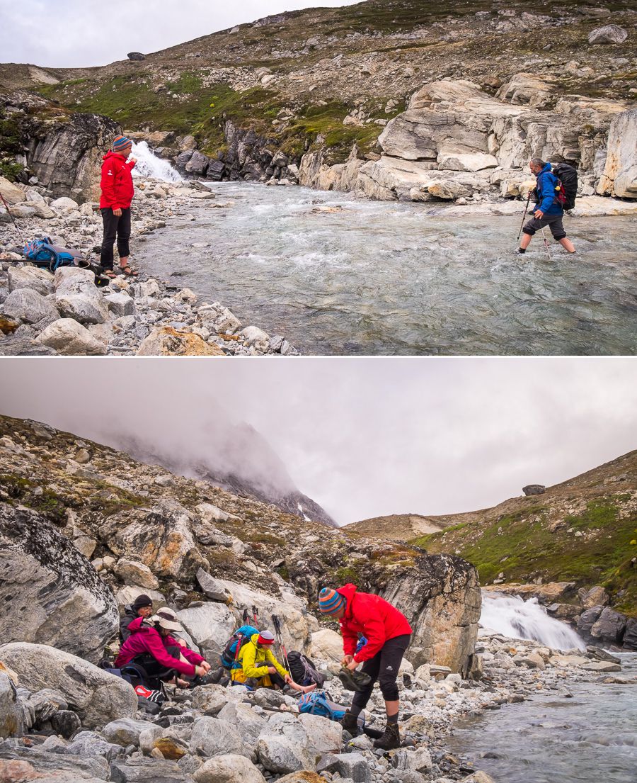 Two images showing how we would cross rivers on the trek