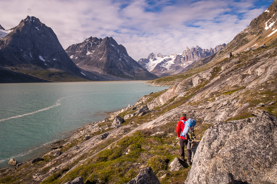 Maxime leading the way down to the Tasiilaq Fjord and our next campsite, with the triplets in the background