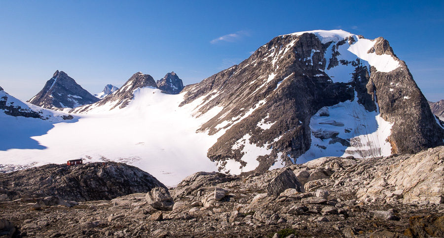 Looking down on the Tasiilaq Mountain Hut and its surroundings from half way to the summit