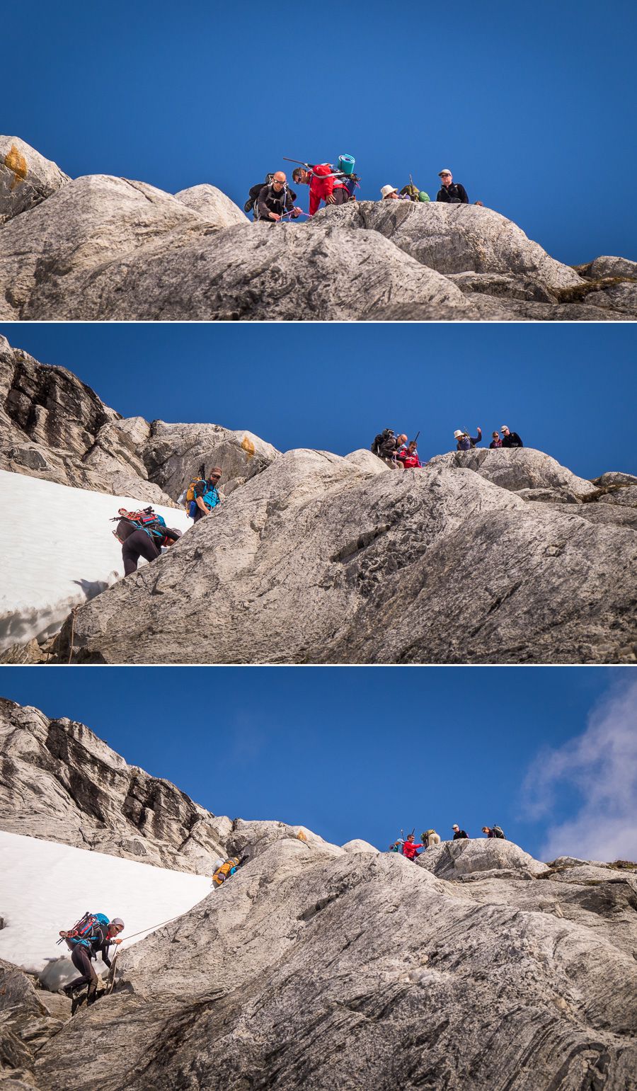 My trekking companions using the ropes to get themselves down the almost vertical rocky slope below the Tasiilaq Mountain Hut