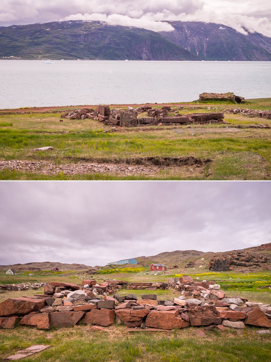Wide views of the Brattahlid Norse ruins near Qassiarsuk, South Greenland