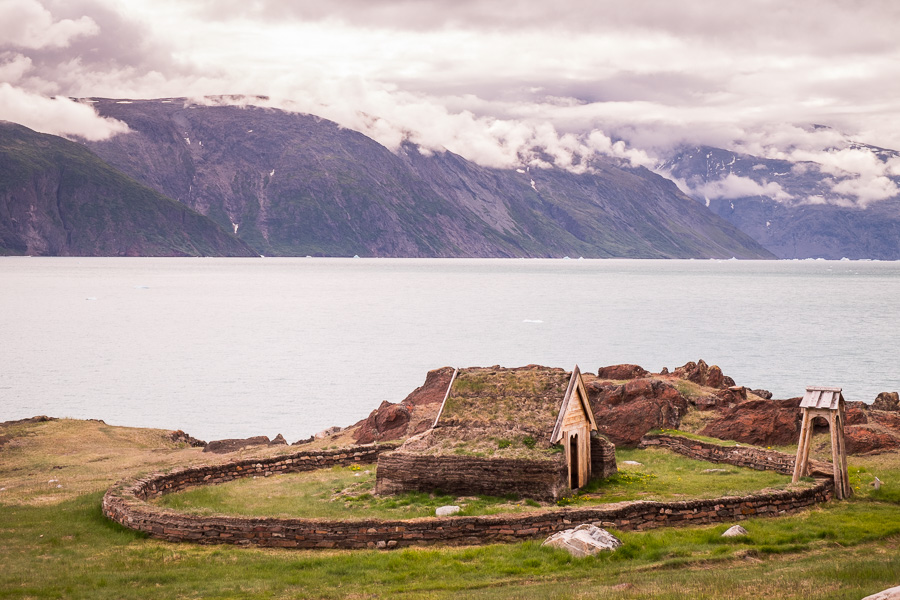 View of the replica of Tjodhilde’s Church at Brattahlid, near Qassiarsuk, South Greenland