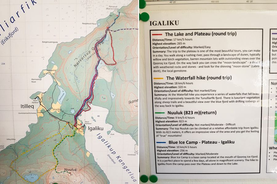 Map and descriptions of each of the hikes out of Igaliku, South Greenland