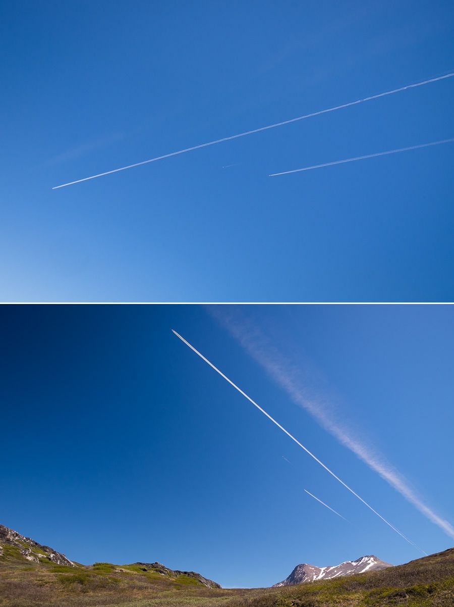 Contrails from 5 simultaneous trans-atlantic flights as seen from the Lake and Plateau Hike near Igaliku in South Greenland