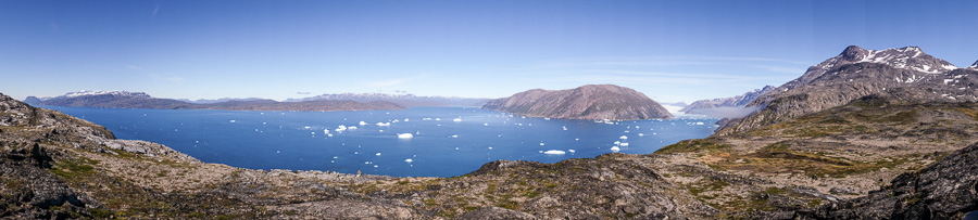 A panorama of the fjord and Qooroq Glacier from the viewpoint of the Lake and Plateau Hike near Igaliku in South Greenland