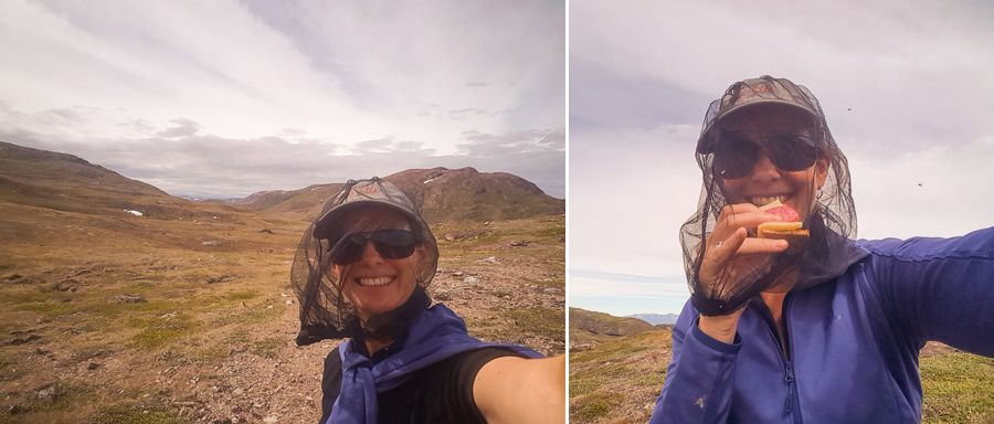 Me with my head net on, protecting me from the flies on Waterfall Hike near Igaliku in South Greenland