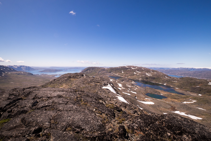 View from the Narsaq fjord and lakes from the summit of Kvanefjeld in South Greenland