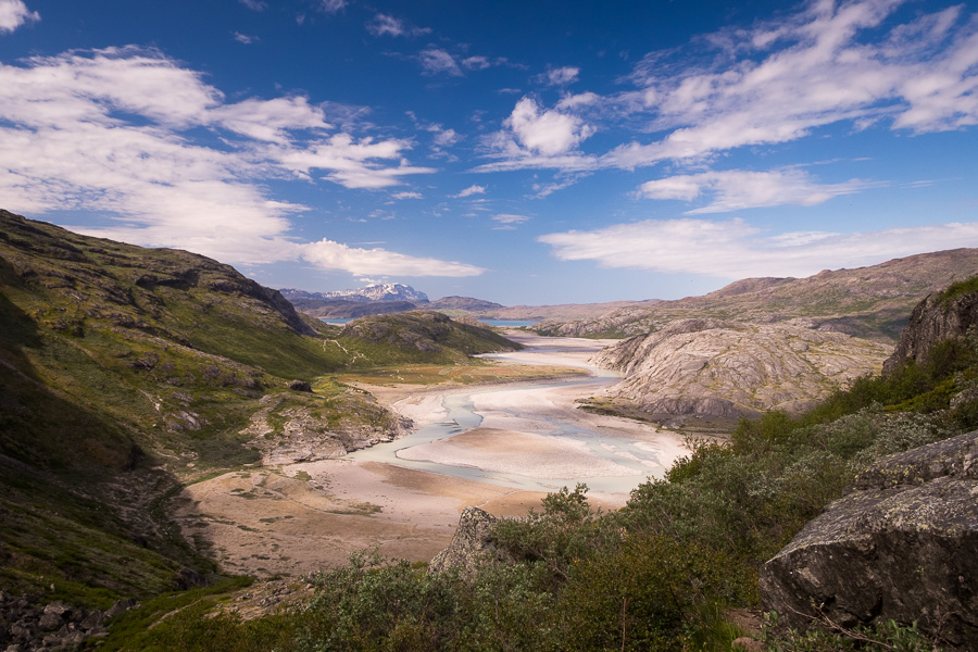 High view of the river leading back towards the fjord, taken about 2/3 of way up to the viewpoint on the Narsarsuaq Glacier hike - South Greenland