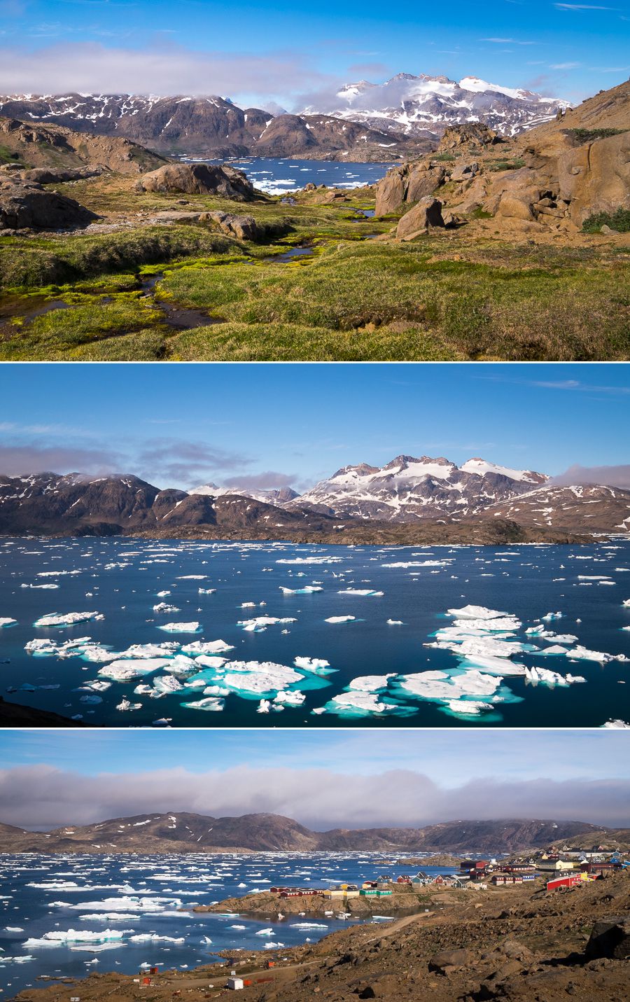 Views of the Tasiilaq fjord as I re-enter the town after the Flower Valley Hike, East Greenland