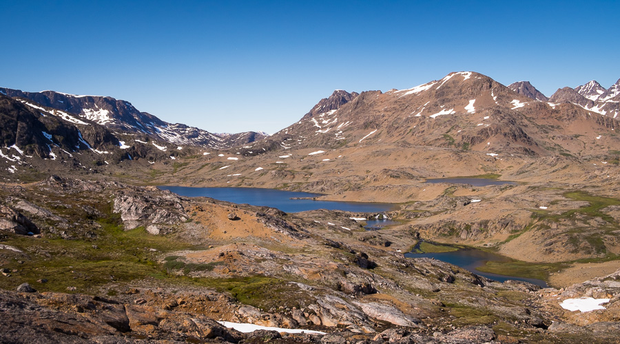 Looking down at some small lakes in the Flower Valley. Near Tasiilaq in East Greenland.