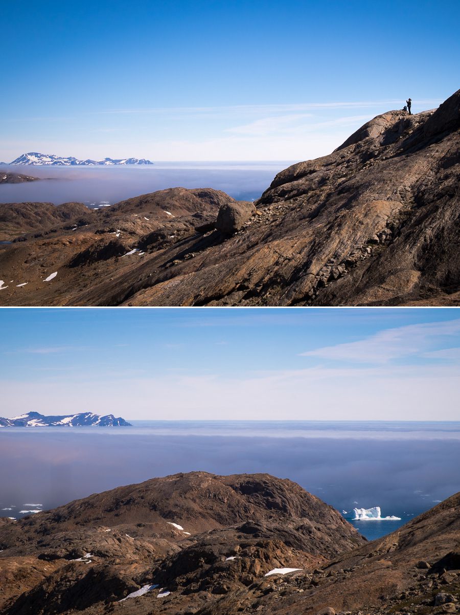 Views of fog in the fjord on the way up Qaqqartivakajik mountain behind Tasiilaq, East Greenland