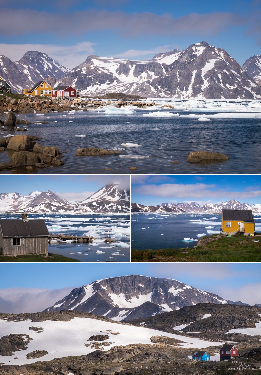 Views of the colorful houses of Kulusuk and the fjord - East Greenland