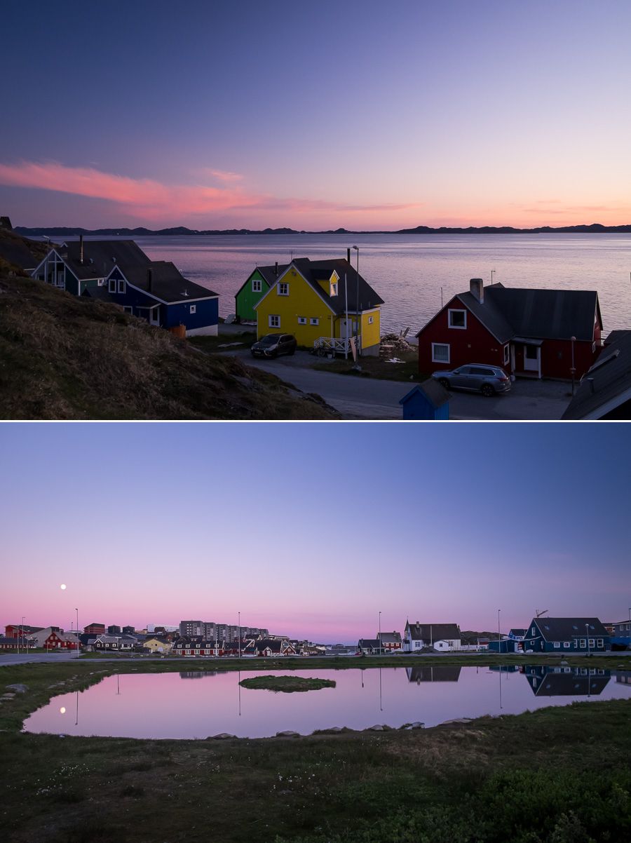 Pink and purple skies over Nuuk, Greenland. Taken at midnight during summer.