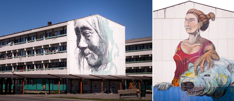Large murals painted on the sides of 4 story apartment buildings in downtown Nuuk, Greenland