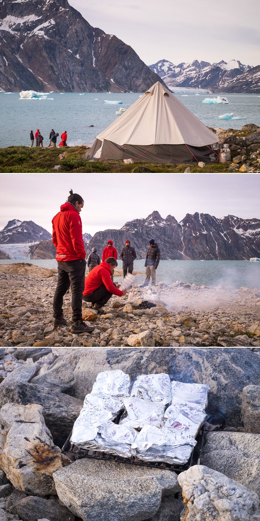 Cooking dinner on the shore of the Karale fjord at our first campsite on the Unplugged Wilderness Trek