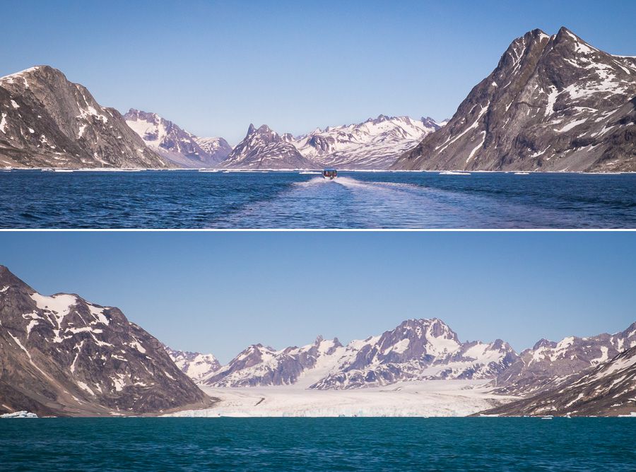 Views of mountains and glaciers in the Sermiligaaq Fjord as we approach our first campsite for the Unplugged Wilderness Trek