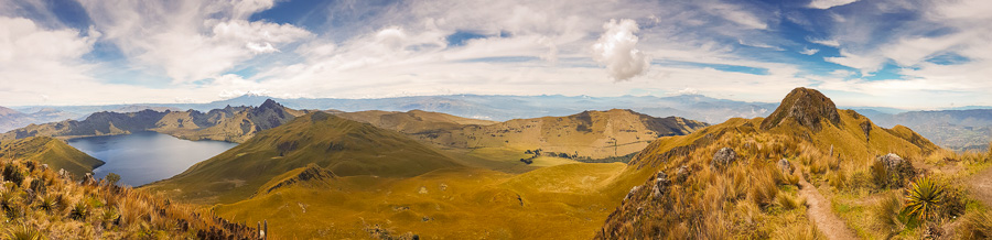 Panorama of the view from summit of Fuya Fuya near Otavalo, Ecuador. Includes the Cayambe, Antisana and Cotopaxi volcanoes and Laguna Caricocha