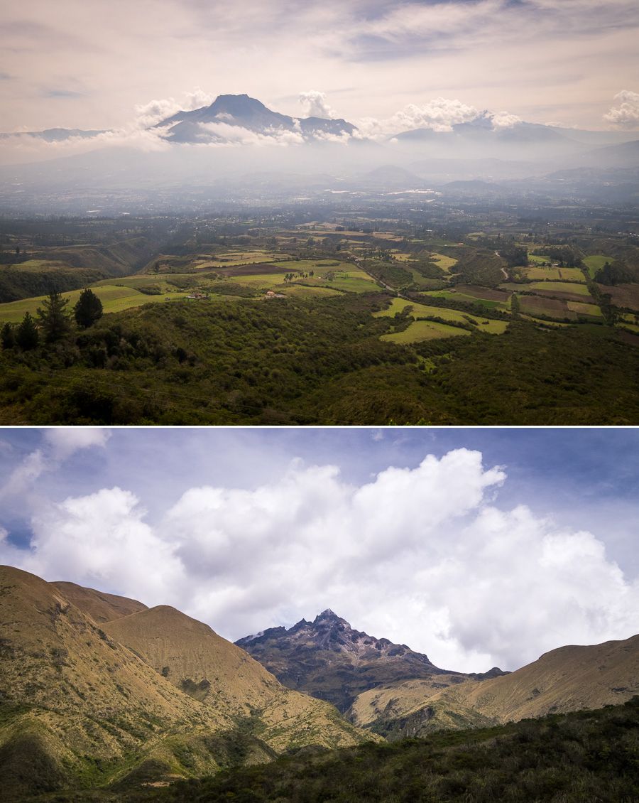 Views of the surrounding volcanos while hiking the rim of Laguna Cuicocha near Otavalo, Ecuador