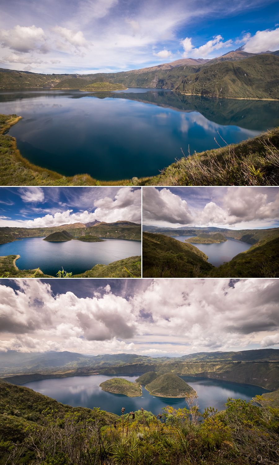 Various views of Laguna Cuicocha, taken while hiking the crater rim near near Otavalo, Ecuador