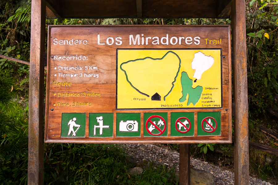 The sign at the start of Los Miradores hike in the Podocarpus National Park near Loja, Ecuador