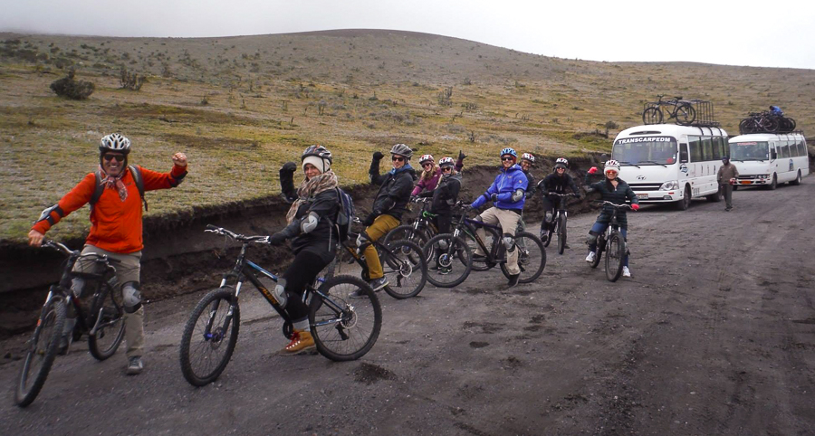 Our group on their mountain bikes ready to ride down the Cotopaxi volcano in Ecuador