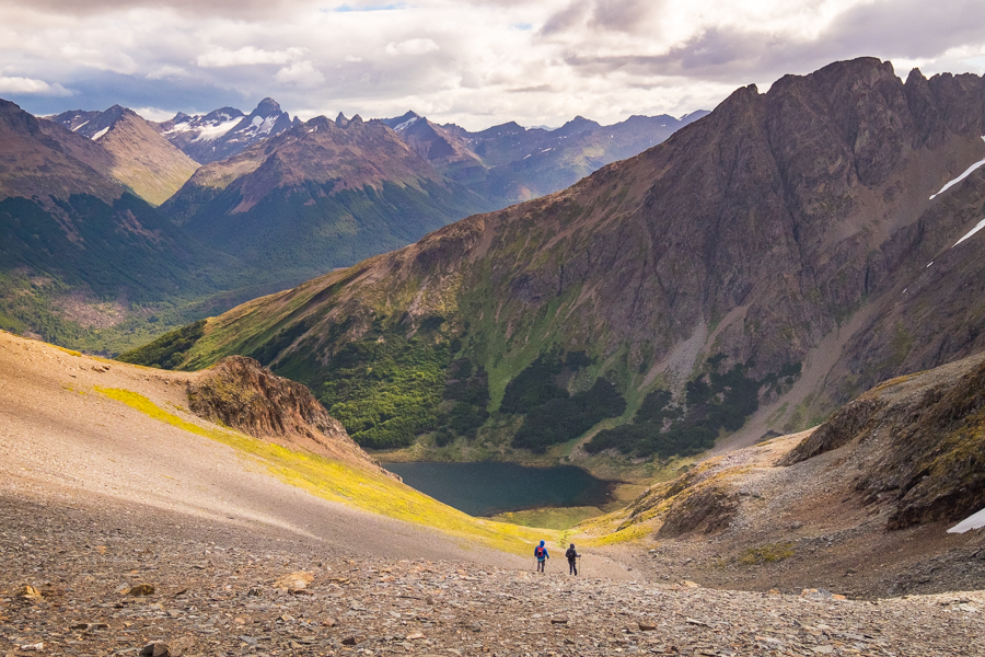 Descending the scree slope above Laguna Encantada near Ushuaia, Argentina