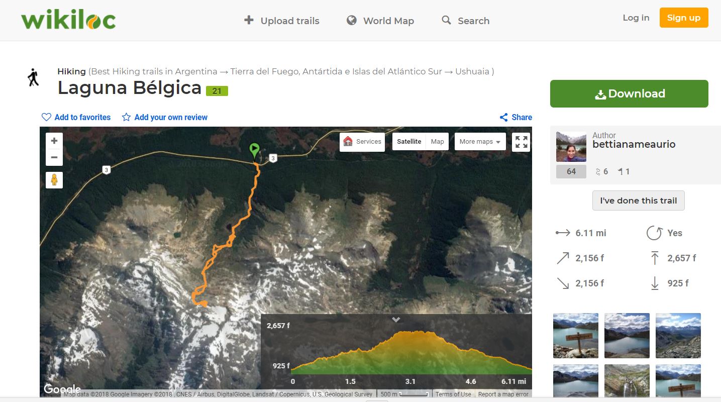 Wikiloc map for the trail to Valle de Olum and Laguna Bélgica - Ushuaia - Argentina