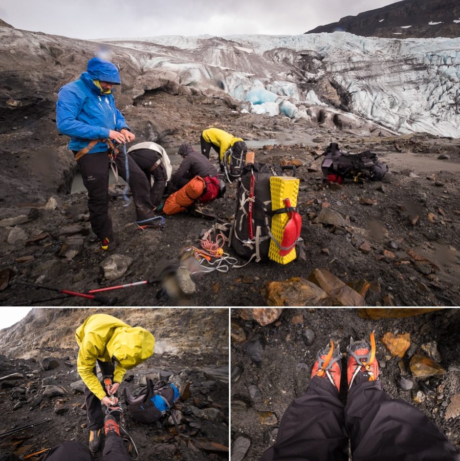 Affixing crampons - - South Patagonia Icefield Expedition - Argentina