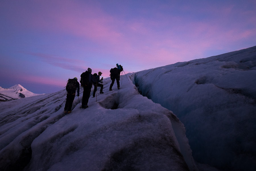 Negotiating the crevasse-field in the pre-dawn light - Gorra Blanca - South Patagonia Icefield Expedition - Argentina
