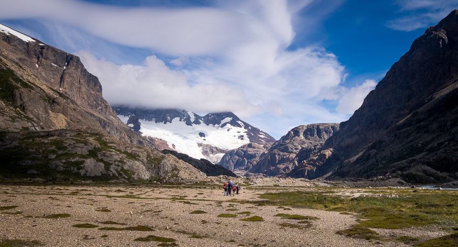 Trekking companions in the wide glacial valley after Piedra del Fraile - South Patagonia Icefield - Argentina
