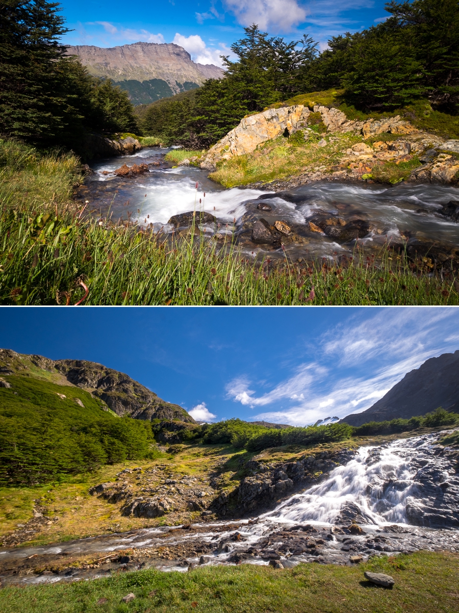 Green clearing, stream and waterfall on the way to Laguna de los Témpanos and Vinciguerra Glacier - Ushuaia - Argentina