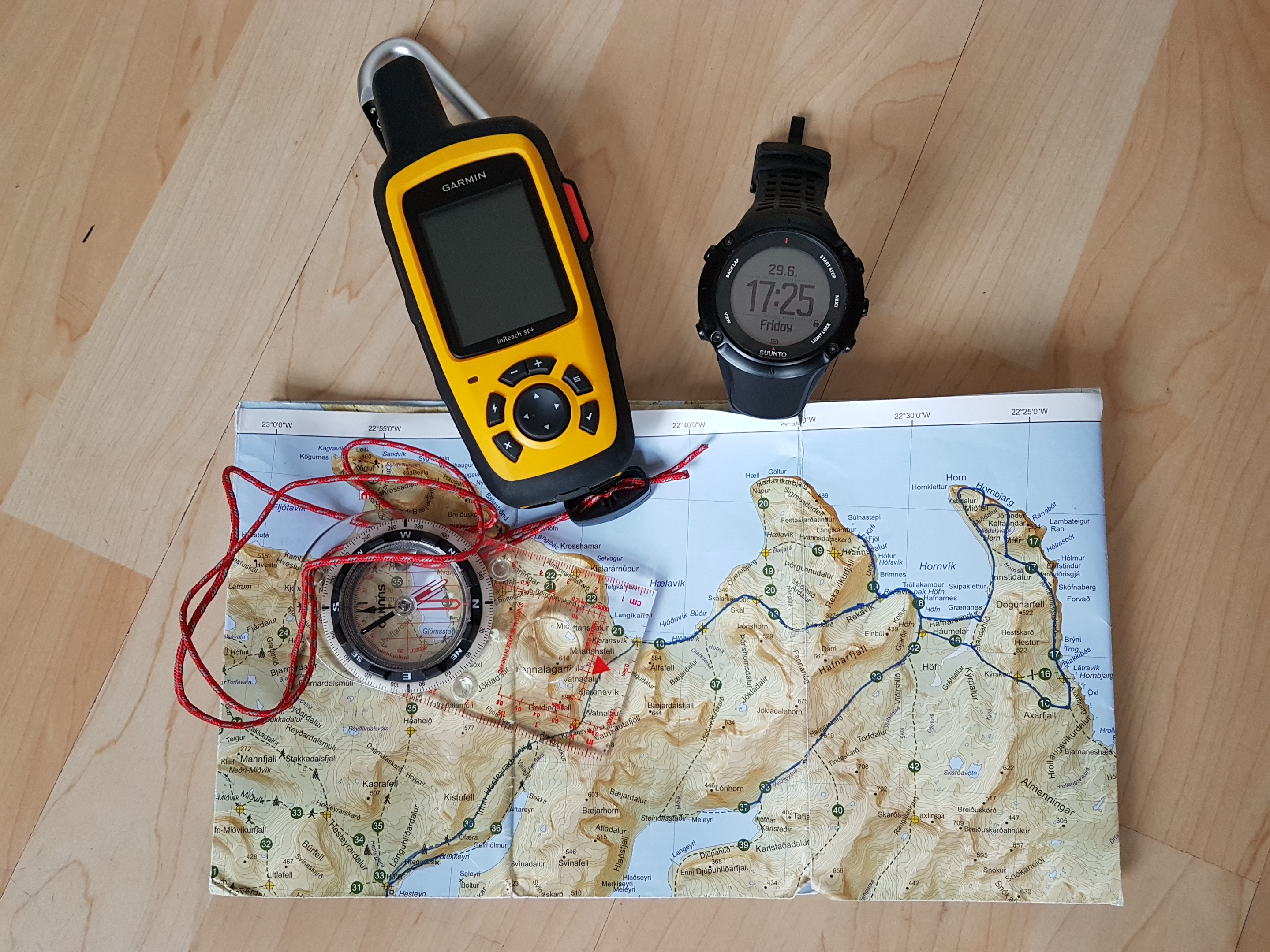 Navigation aids - Garmin InReach SE+, Suunto Ambit3 Peak watch, map and Suunto M3 compass