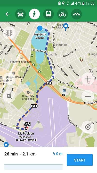 Map showing Reykjavik domestic airport compared with downtown