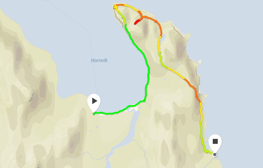 Basic map of the route I took to explore The Horn in Hornstrandir from Movescount