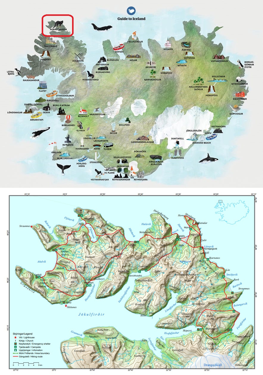 Map of Iceland showing Hornstrandir location, and map of Hornstrandir