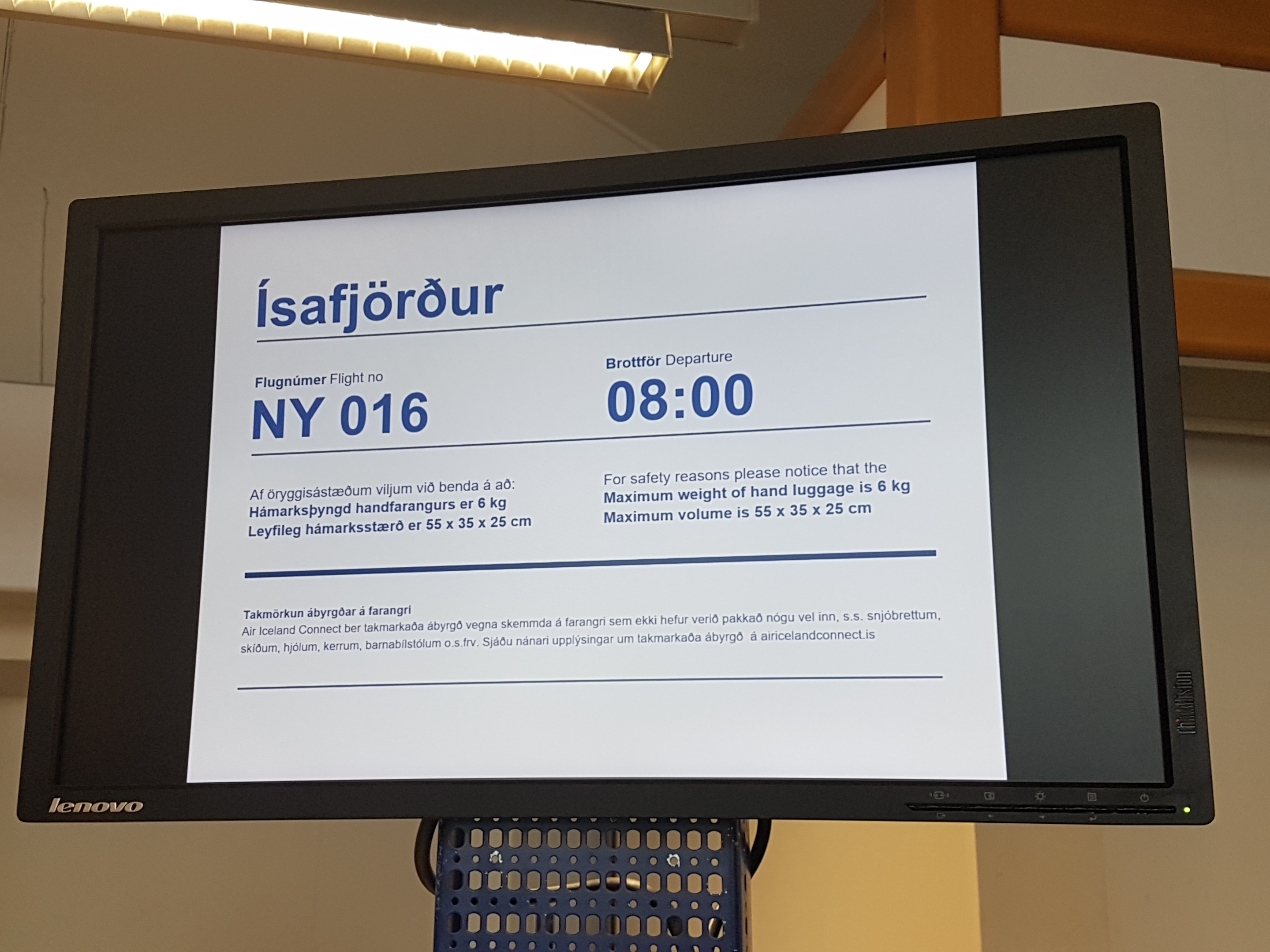 Check-in Notification at Reykjavik domestic airport.