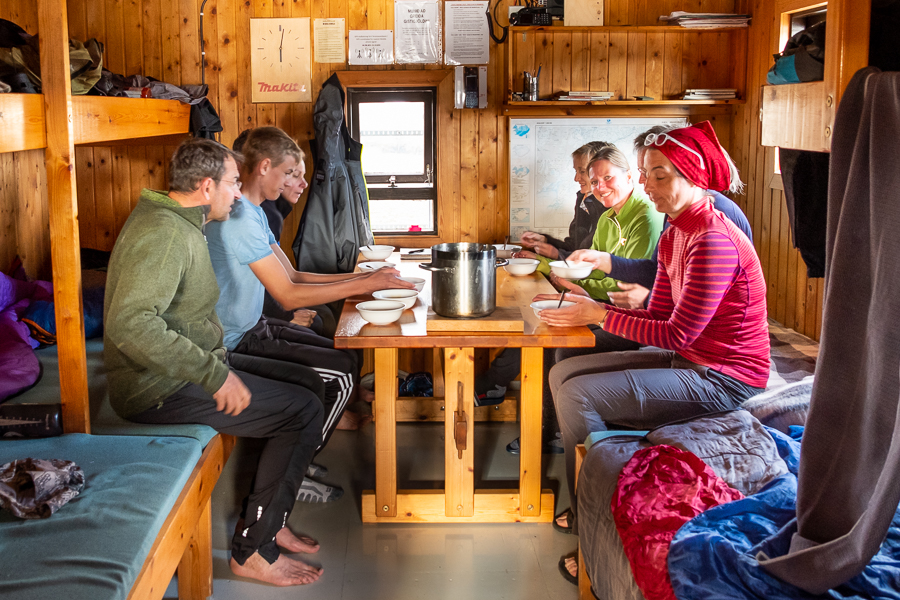 Eating dinner at Egilssel Hut - Day 2 of In the Shadow of Vatnajökull trek - East Iceland